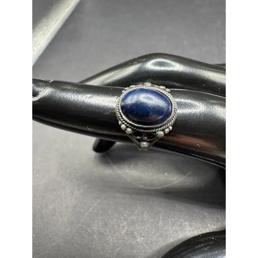 Vintage Lapis Lazuli Oval Filigree Silver Tone Women's Cocktail Band Ring
